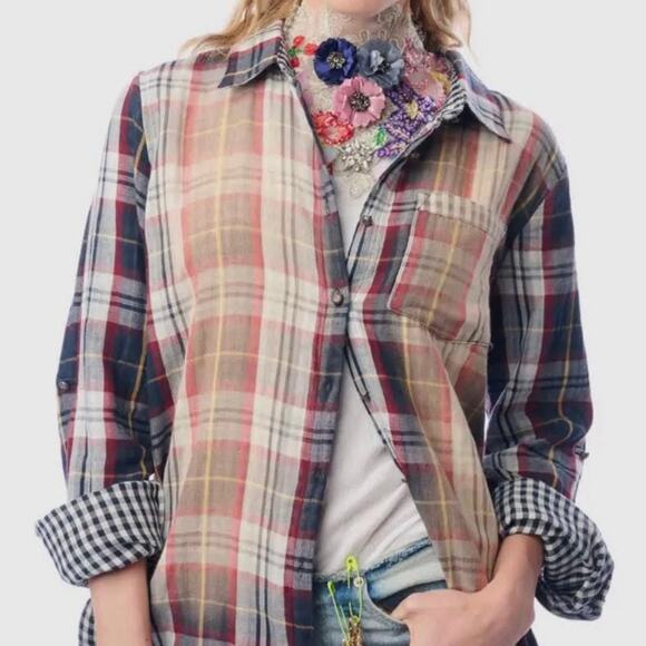 Aratta Silent Journey Mixed Plaid Floral Print Button Down Tunic Top Size Small - Picture 2 of 14
